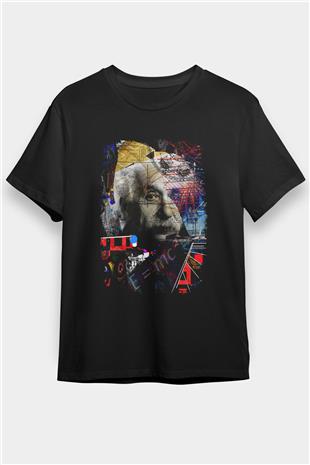 Einstein Pop Art Baskılı Unisex Siyah Tişört - Tshirt