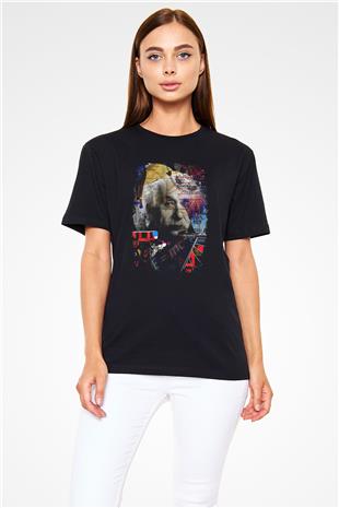 Einstein Pop Art Baskılı Unisex Siyah Tişört - Tshirt
