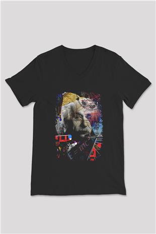 Einstein Pop Art Baskılı Unisex V Yaka Siyah Tİşört - Tshirt