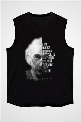 Einstein Portre Lıntı Baskılı Unisex Kolsuz Siyah Tişört - Tshirt