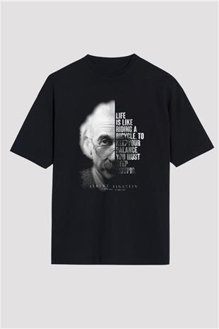 Einstein Portre Lıntı Baskılı Unisex Oversize Tişört - Tshirt