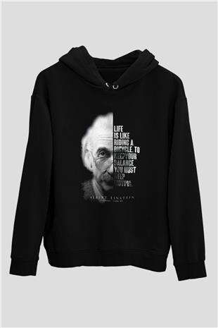 Einstein Portre Lıntı Baskılı Unisex Siyah Hoodie