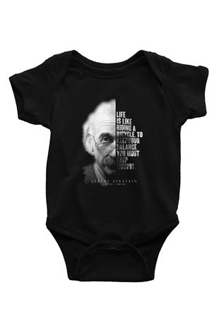 Einstein Portre Lıntı Baskılı Unisex  Siyah Bebek Body - Zıbın