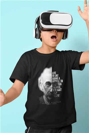 Einstein Portre Lıntı Baskılı Unisex Siyah Çocuk Tişörtü - Tshirt