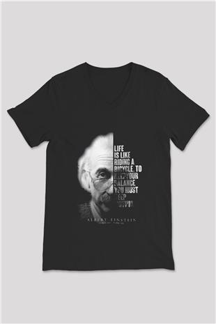 Einstein Portre Lıntı Baskılı Unisex V Yaka Siyah Tİşört - Tshirt