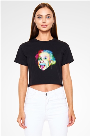 Einstein Siyah Crop Top Tişört