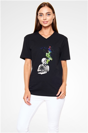 Einstein Siyah Unisex V Yaka Tişört