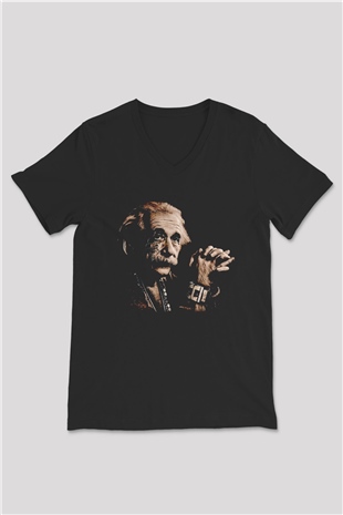 Einstein Siyah Unisex V Yaka Tişört
