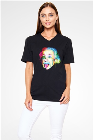 Einstein Siyah Unisex V Yaka Tişört T-Shirt
