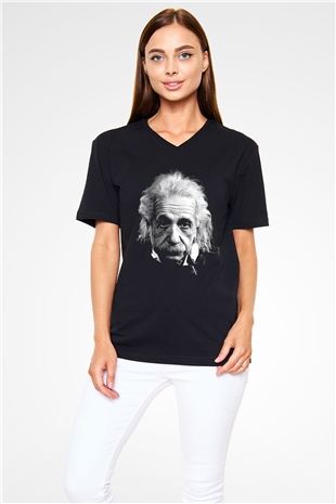 Einstein Siyah Unisex V Yaka Tişört T-Shirt
