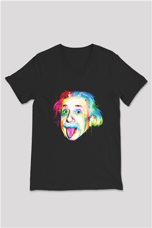Einstein Siyah Unisex V Yaka Tişört T-Shirt
