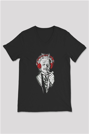 Einstein Siyah Unisex V Yaka Tişört T-Shirt