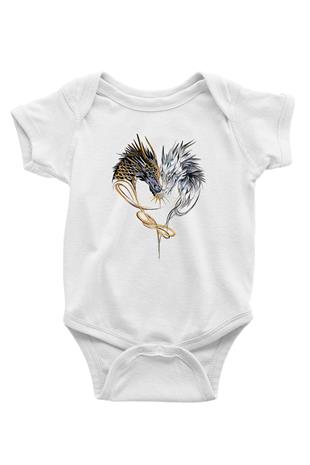 Ejderha Baskılı Beyaz Unisex Bebek Body - Zıbın