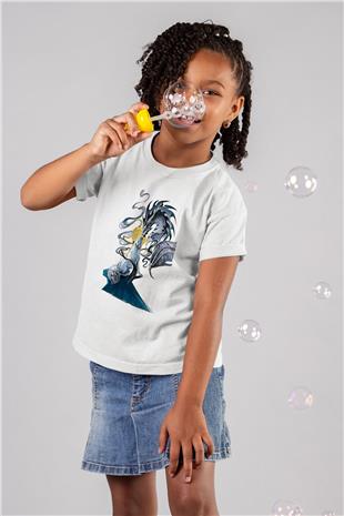 Ejderha Baskılı Beyaz Unisex Beyaz Çocuk Tişört - Tshirt