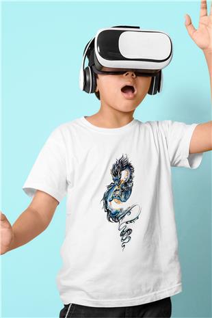 Ejderha Baskılı Beyaz Unisex Beyaz Çocuk Tişört - Tshirt