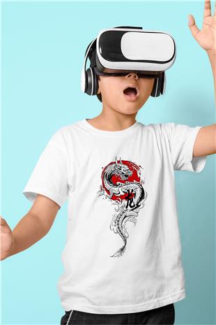 Ejderha Baskılı Beyaz Unisex Beyaz Çocuk Tişört - Tshirt