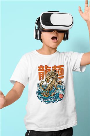 Ejderha Baskılı Beyaz Unisex Beyaz Çocuk Tişört - Tshirt