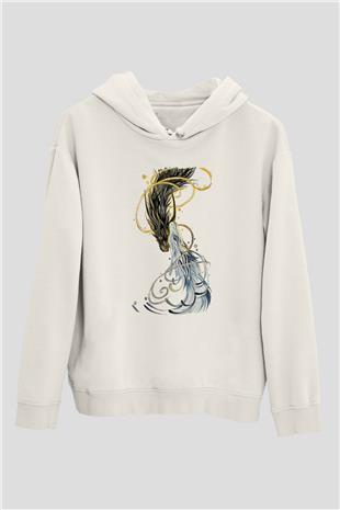 Ejderha Baskılı Beyaz Unisex Hoodie