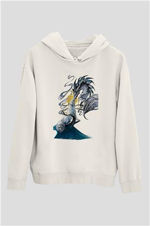 Ejderha Baskılı Beyaz Unisex Hoodie