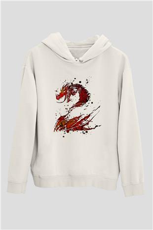 Ejderha Baskılı Beyaz Unisex Hoodie