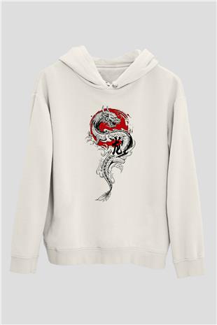 Ejderha Baskılı Beyaz Unisex Hoodie