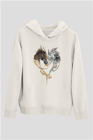 Ejderha Baskılı Beyaz Unisex Hoodie