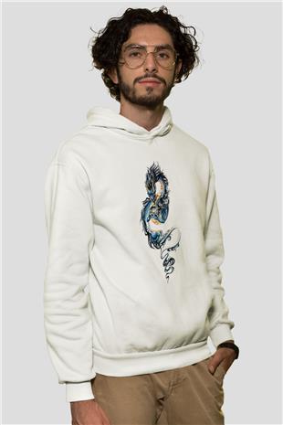Ejderha Baskılı Beyaz Unisex Hoodie