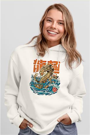 Ejderha Baskılı Beyaz Unisex Hoodie