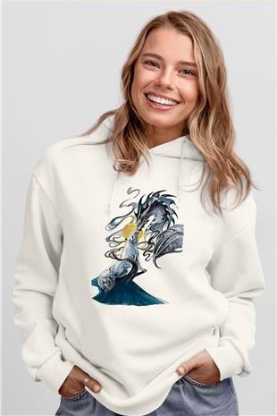 Ejderha Baskılı Beyaz Unisex Hoodie
