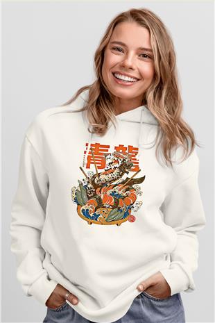 Ejderha Baskılı Beyaz Unisex Hoodie