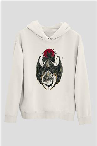 Ejderha Baskılı Beyaz Unisex Hoodie