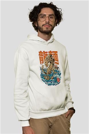 Ejderha Baskılı Beyaz Unisex Hoodie