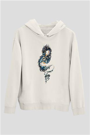 Ejderha Baskılı Beyaz Unisex Hoodie