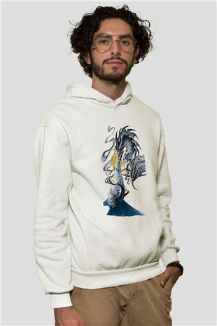 Ejderha Baskılı Beyaz Unisex Hoodie