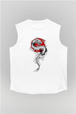 Ejderha Baskılı Beyaz Unisex Kolsuz Tişört - Tshirt