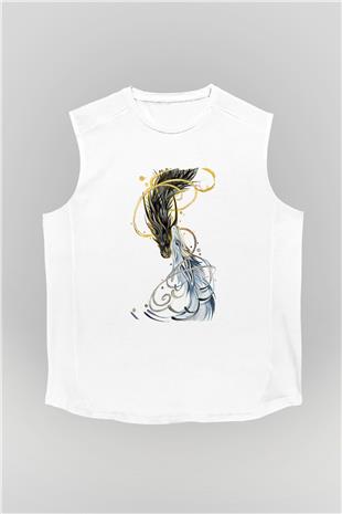 Ejderha Baskılı Beyaz Unisex Kolsuz Tişört - Tshirt