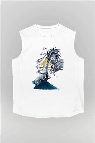 Ejderha Baskılı Beyaz Unisex Kolsuz Tişört - Tshirt