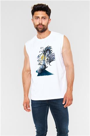 Ejderha Baskılı Beyaz Unisex Kolsuz Tişört - Tshirt