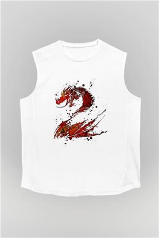 Ejderha Baskılı Beyaz Unisex Kolsuz Tişört - Tshirt