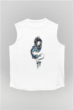 Ejderha Baskılı Beyaz Unisex Kolsuz Tişört - Tshirt