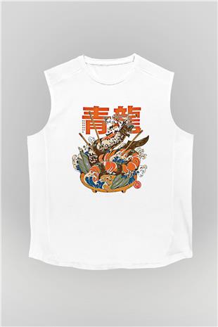 Ejderha Baskılı Beyaz Unisex Kolsuz Tişört - Tshirt