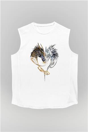Ejderha Baskılı Beyaz Unisex Kolsuz Tişört - Tshirt