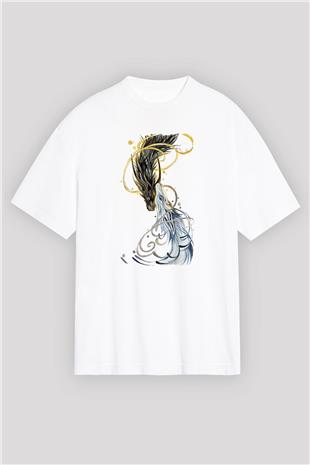 Ejderha Baskılı Beyaz Unisex Oversize Tişört - Tshirt