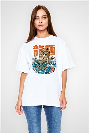 Ejderha Baskılı Beyaz Unisex Oversize Tişört - Tshirt