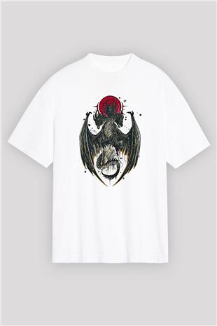 Ejderha Baskılı Beyaz Unisex Oversize Tişört - Tshirt