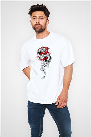 Ejderha Baskılı Beyaz Unisex Oversize Tişört - Tshirt