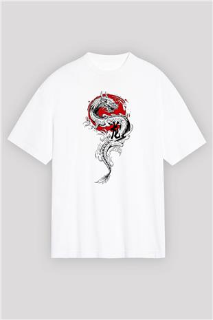 Ejderha Baskılı Beyaz Unisex Oversize Tişört - Tshirt