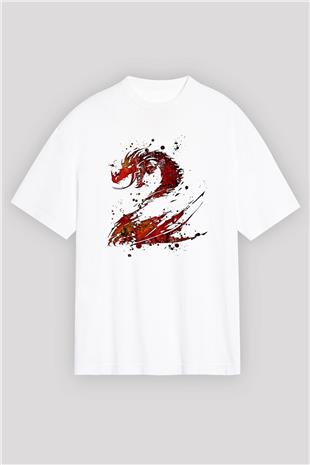 Ejderha Baskılı Beyaz Unisex Oversize Tişört - Tshirt