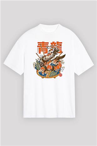 Ejderha Baskılı Beyaz Unisex Oversize Tişört - Tshirt