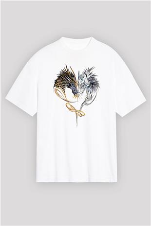 Ejderha Baskılı Beyaz Unisex Oversize Tişört - Tshirt